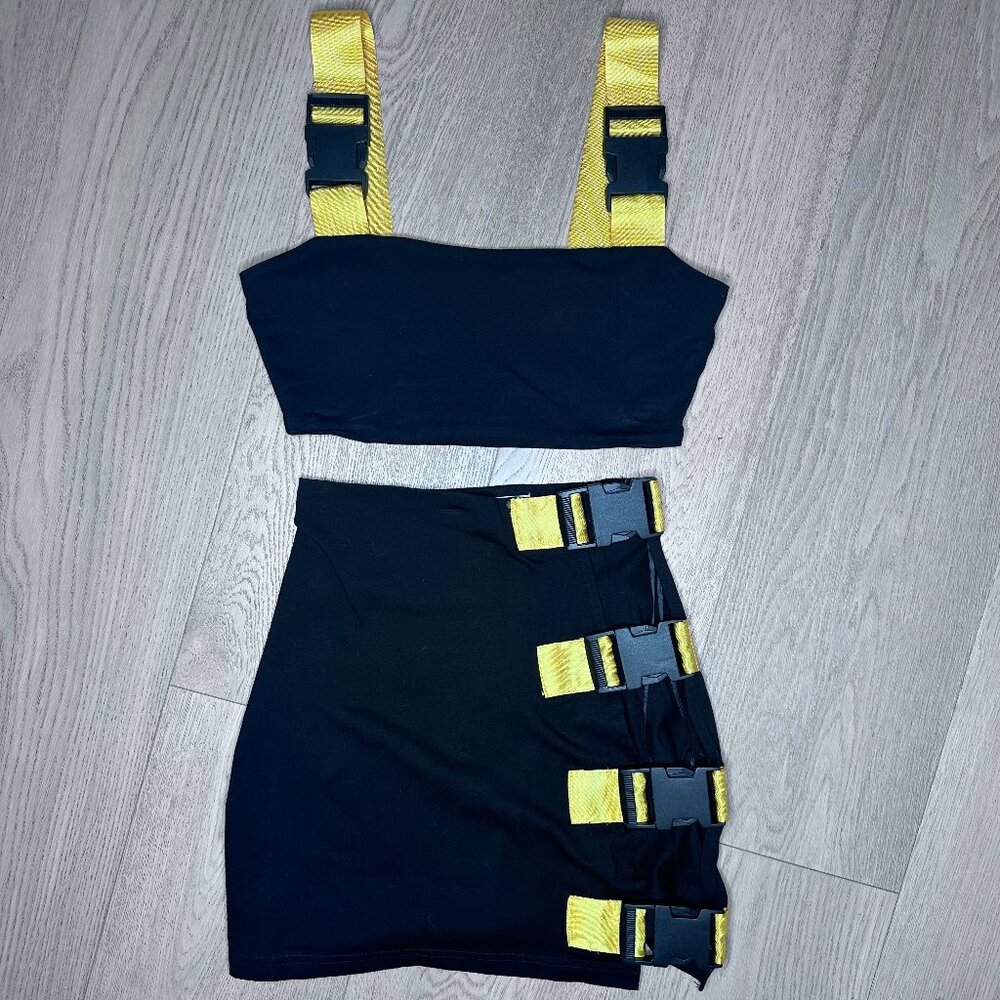 Superdown | Two-Piece Skirt and Top Set | Buckle Detail | Black + Yellow